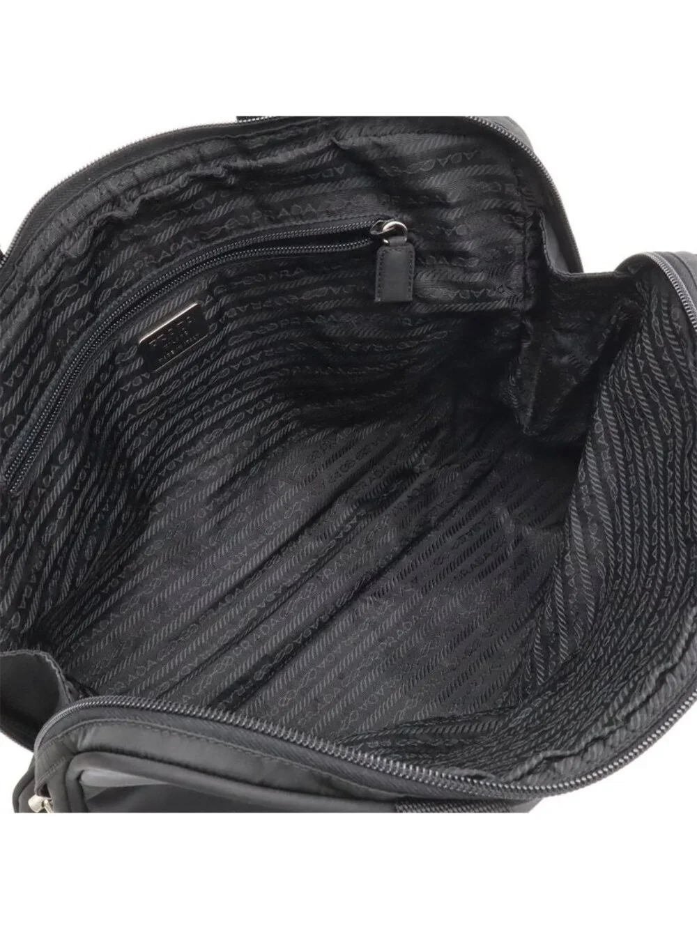 Prada Triangle Logo Business Briefcase Tote Bag Nylon Leather Black Silver